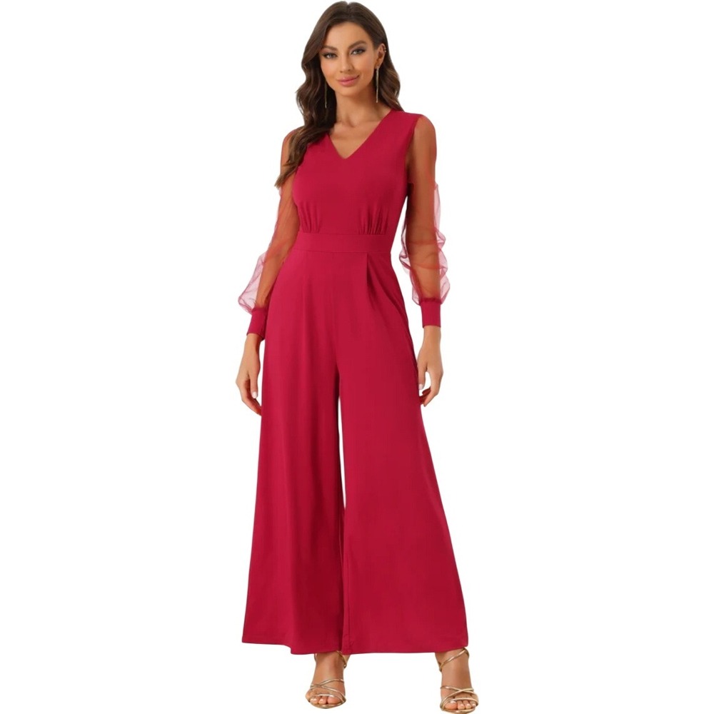 Allegra K Red Jumpsuit Sheer Sleeves V-Neck Wide Leg Party Elegant XL NWT